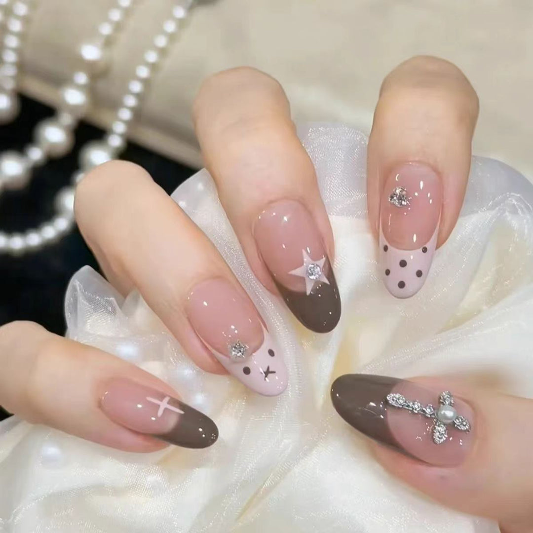 Decorative Long Stiletto Press-On Nails with Silver Accents Bowlift