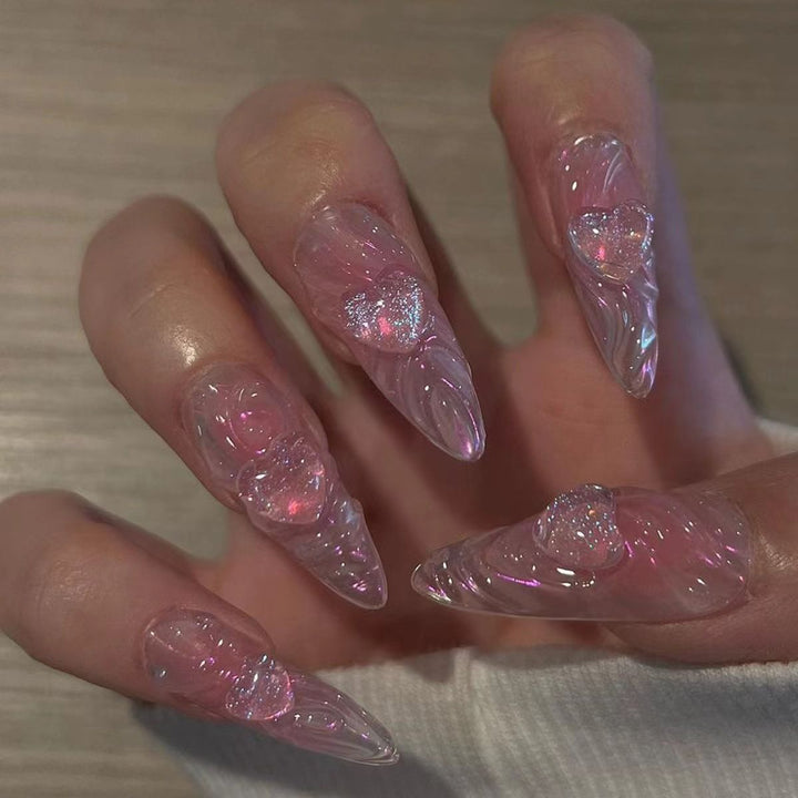Artificial nail set with 3D heart decorations and shimmering accents Bowlift