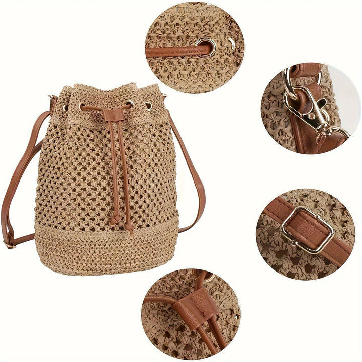 Elegant Handbag Made of Braided Natural Material with Stylish Drawstring Closure Bowlift