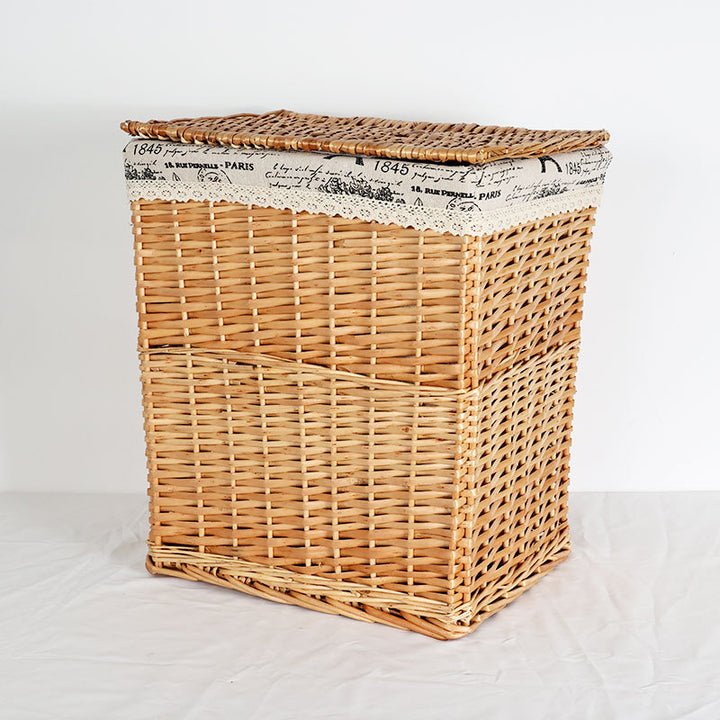 Women's laundry basket with decorative fabric cover and practical lid Bowlift