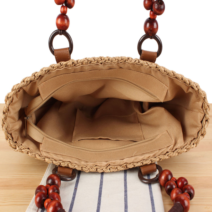 Handbag with Decorative Wooden Beads and Natural Wicker Bowlift