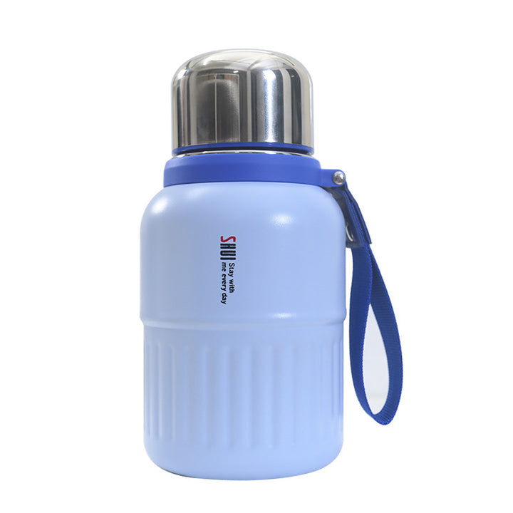Insulated thermos bottle with practical drinking cup and sturdy carrying strap Bowlift