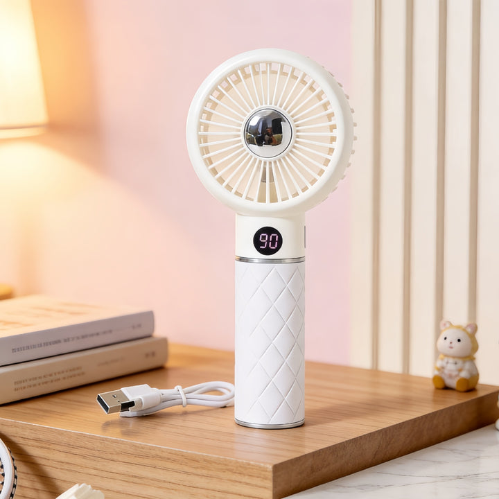 Women portable hand fan with digital speed display and playful bear motif Bowlift