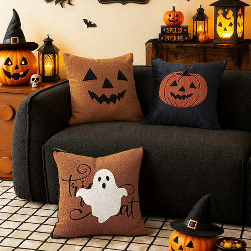 Square Decorative Pillow with Embroidered Halloween Ghost and Boucle Surface Bowlift