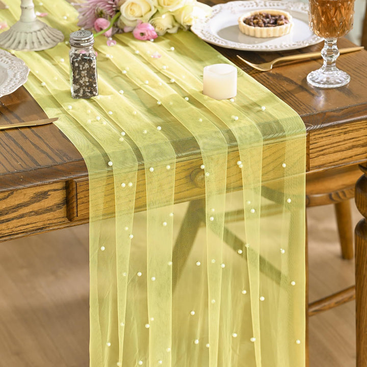 Elegant Table Runner with Pearl Detailing Bowlift