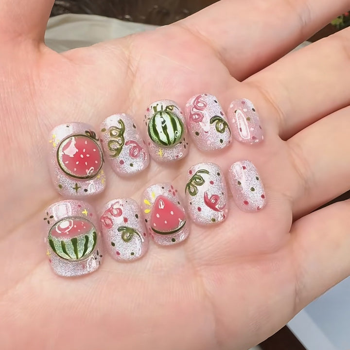 Artistic Press-On Nail Art Set with Watermelon Theme Bowlift