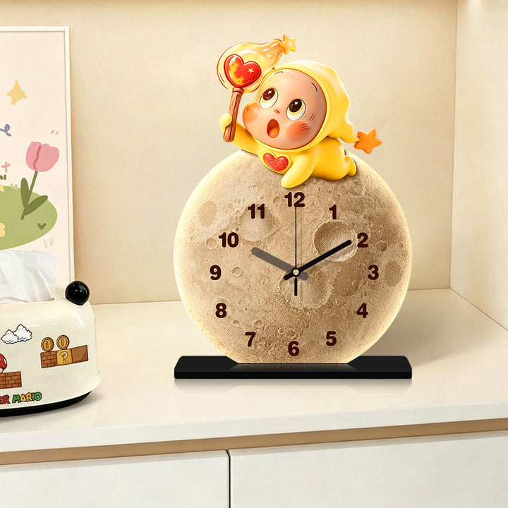 Moon-Shaped Decorative Nightstand Clock with Star Figurine Bowlift