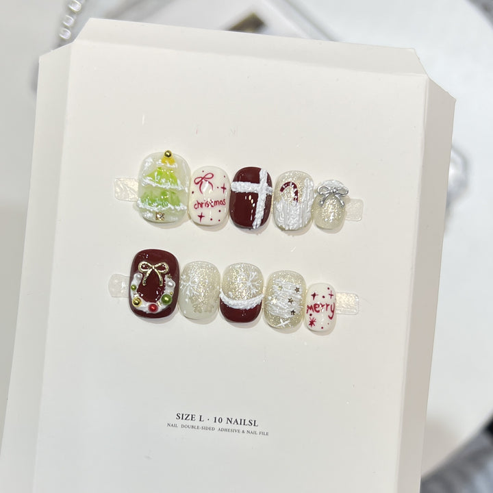 Festive Holiday-Themed Press-On Nail Art Set Bowlift