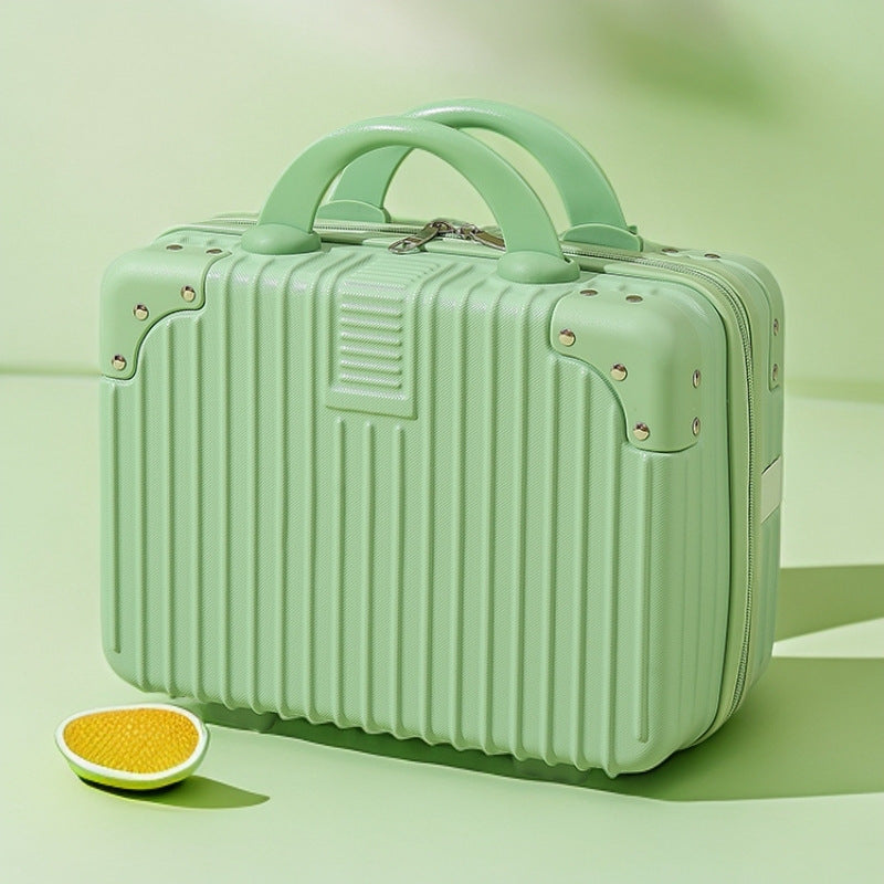 structured hard-shell vanity travel case with faux-leather corner reinforcements and dual top handles Bowlift