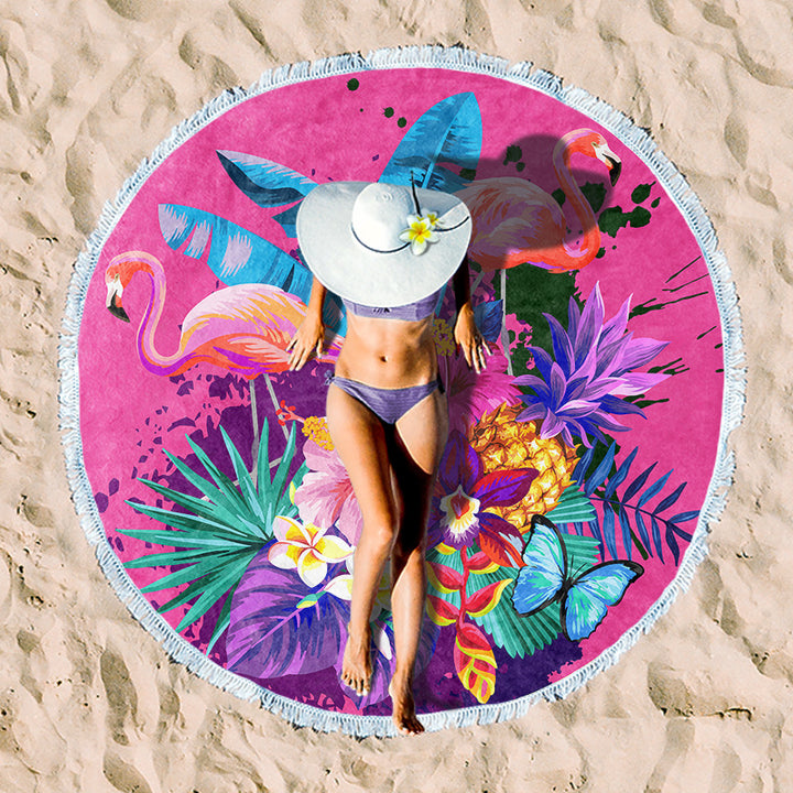 Round beach towel with colorful tropical motif Bowlift