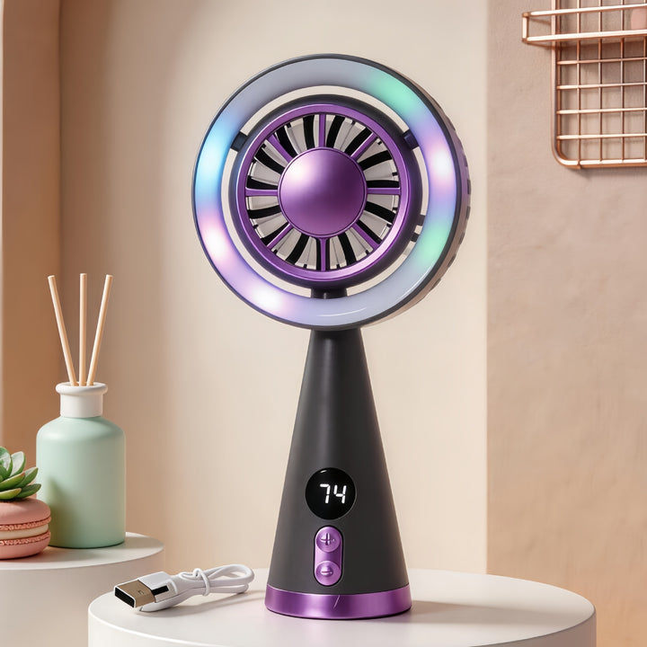 Portable hand fan with RGB LED lighting and precise temperature display Bowlift