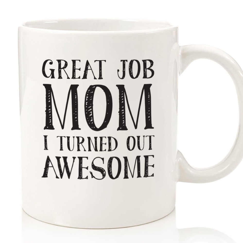 Large Dishwasher-Safe Stoneware Statement Coffee Mug With Oversized C-Handle And Humorous "Great Job Mom" Typographic Print
