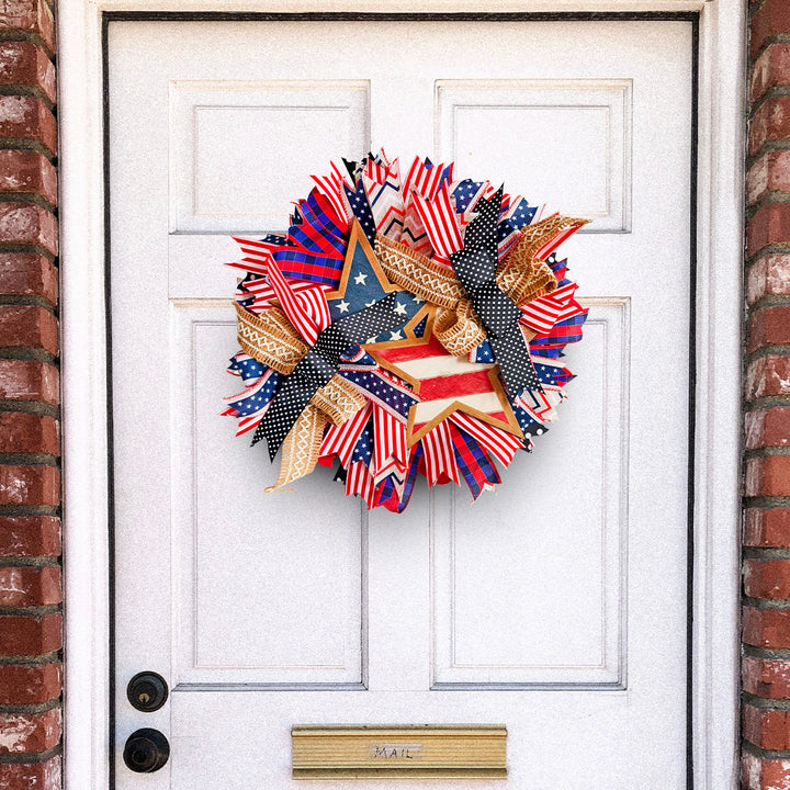 Unisex nan more patriotic door wreath with wooden star, multi-layered fabric bows and rustic jute ribbon Bowlift