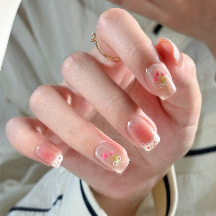 Elegant Press-On Nail Extensions with Floral Design Bowlift