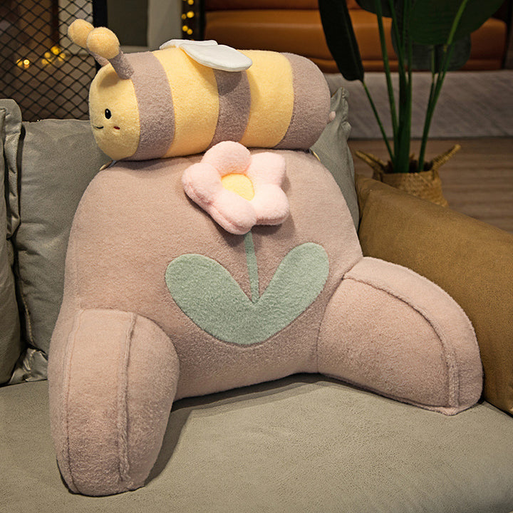 Padded reading back support cushion with armrests and removable neck roll in bee-flower plush design