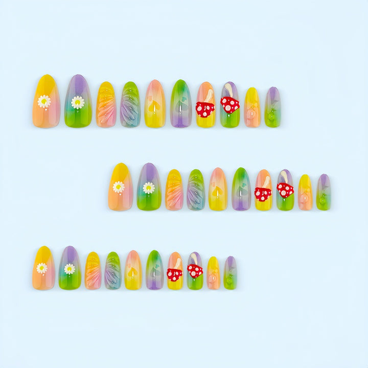 Artificial nails with cheerful flower and mushroom patterns Bowlift