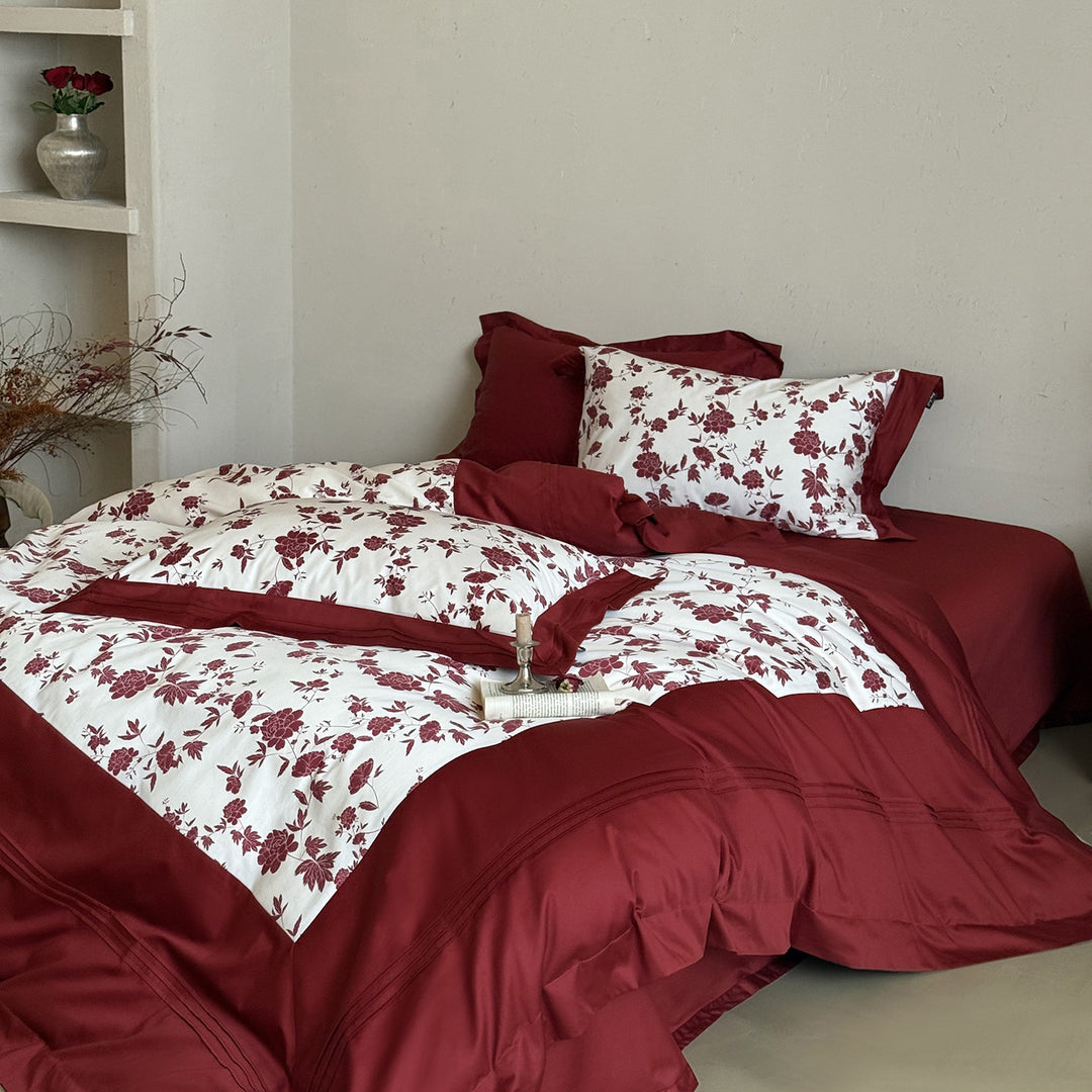 Luxurious cotton satin bedding set with floral reversible panel and ruffle Bowlift