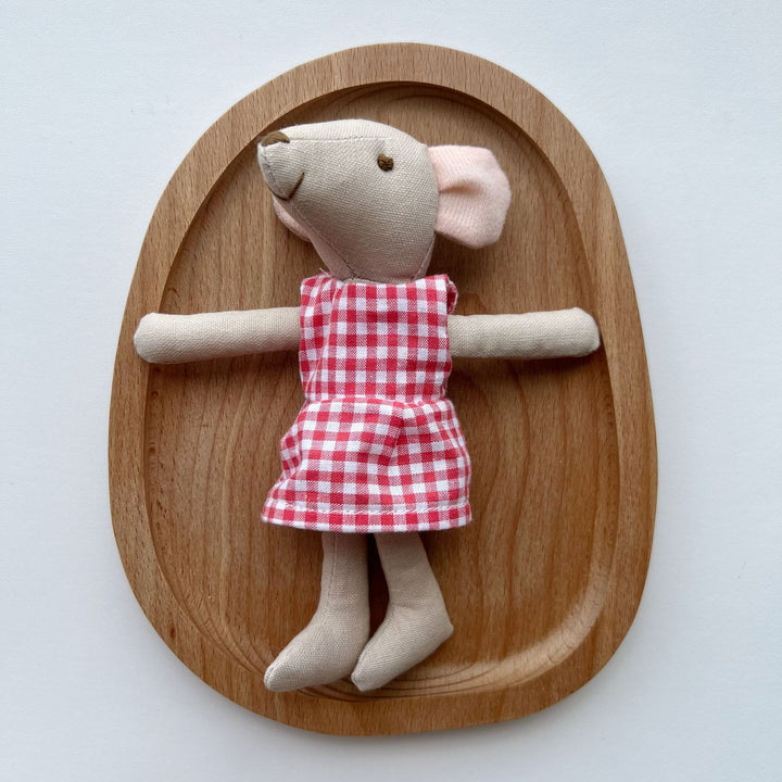 Handmade Linen Mouse Doll with Removable Gingham Dress