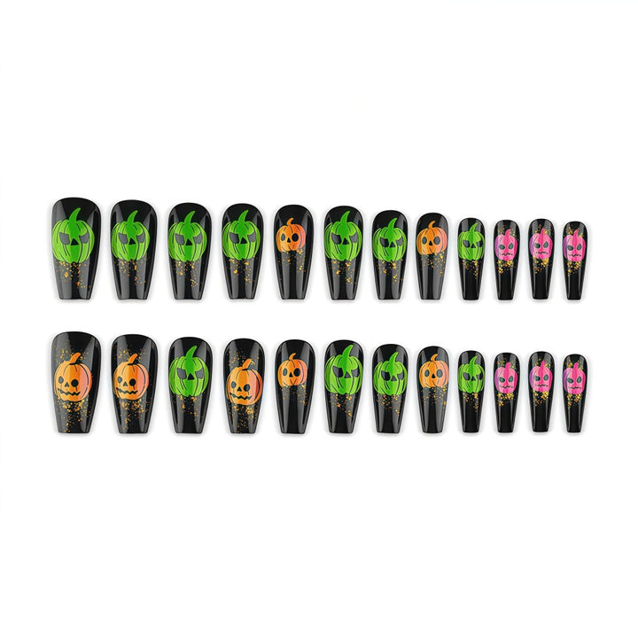 Halloween-style artificial nails with graphic pumpkin designs Bowlift