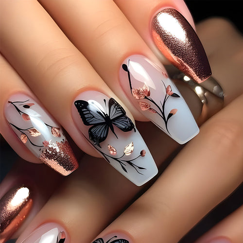 Acrylic nails with elegant butterfly design and glitter effects Bowlift