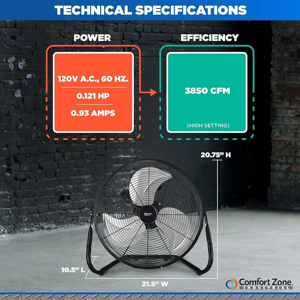18-Inch Industrial High-Velocity Floor Fan – 3-Speed Adjustable Tilt with Carry Handle for Workshop & Home Use | Bowlift