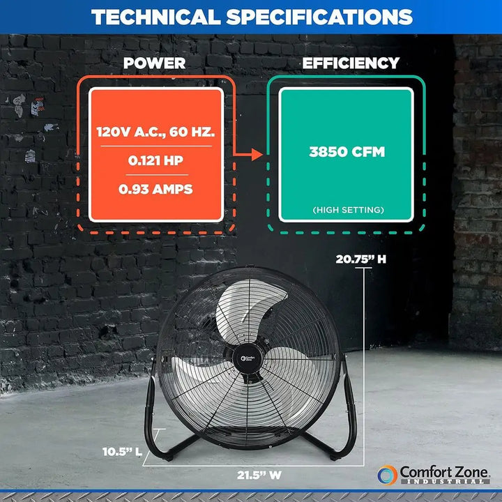 18-Inch Industrial High-Velocity Floor Fan – 3-Speed Adjustable Tilt with Carry Handle for Workshop & Home Use | Bowlift