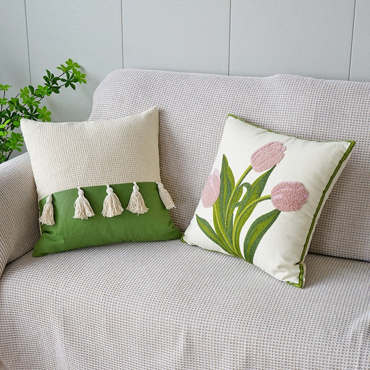 Embroidered tulip cushion cover