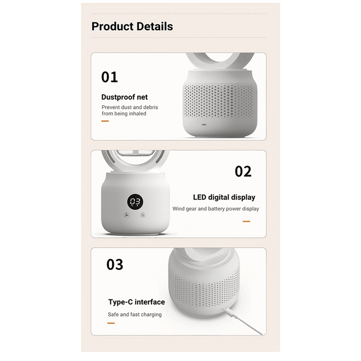 BowLift | Portable fan without blades with humidifier and night light for refreshing comfort