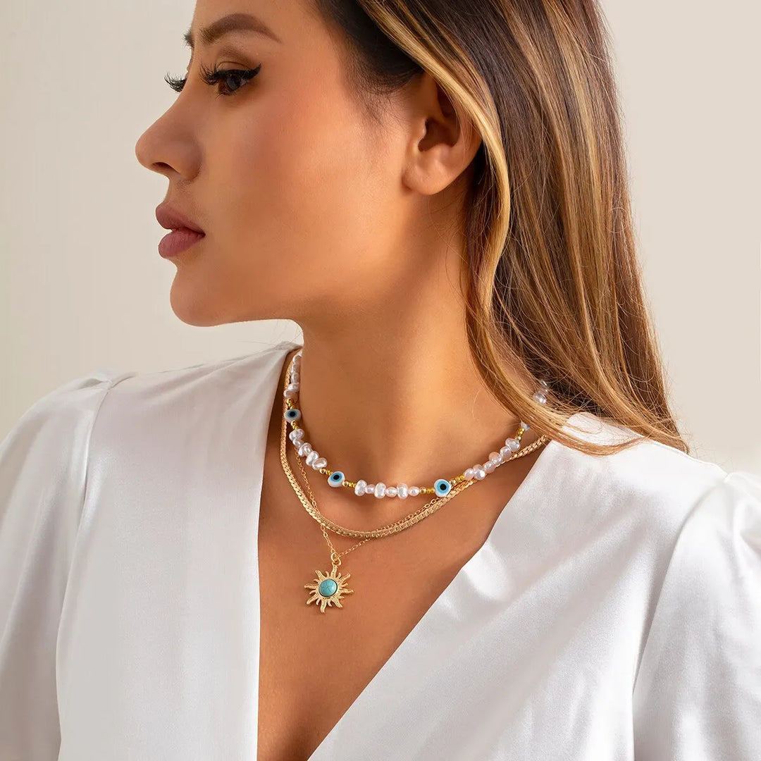 EthnoCharm Necklace Set – Sunflower & Evil Eye Accessories Bowlift