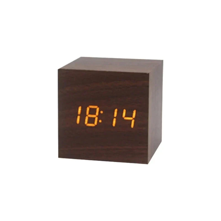 Wooden LED Alarm Clock with Temperature Display and Sound-Activated Screen