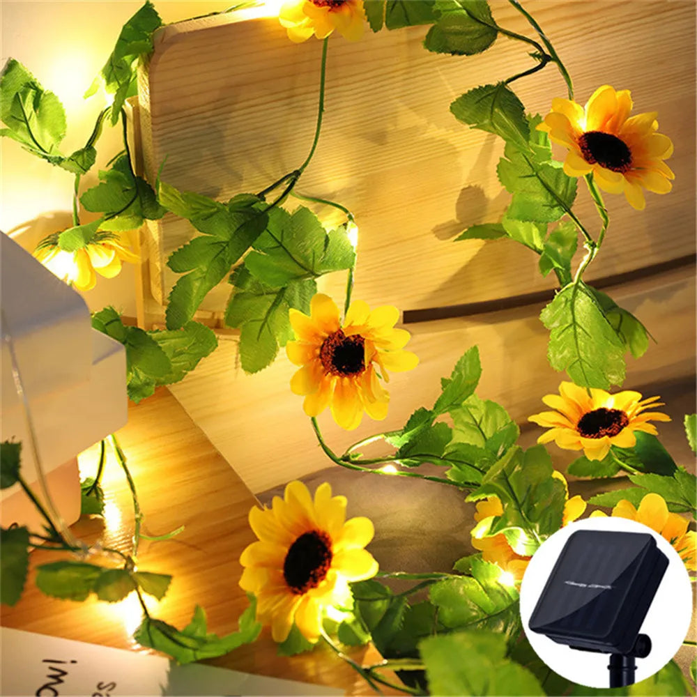BowLift | Solar fairy lights SoliBlossom | Sunflower decor with leaves | Warm white | 8 modes | For garden, fence & wedding