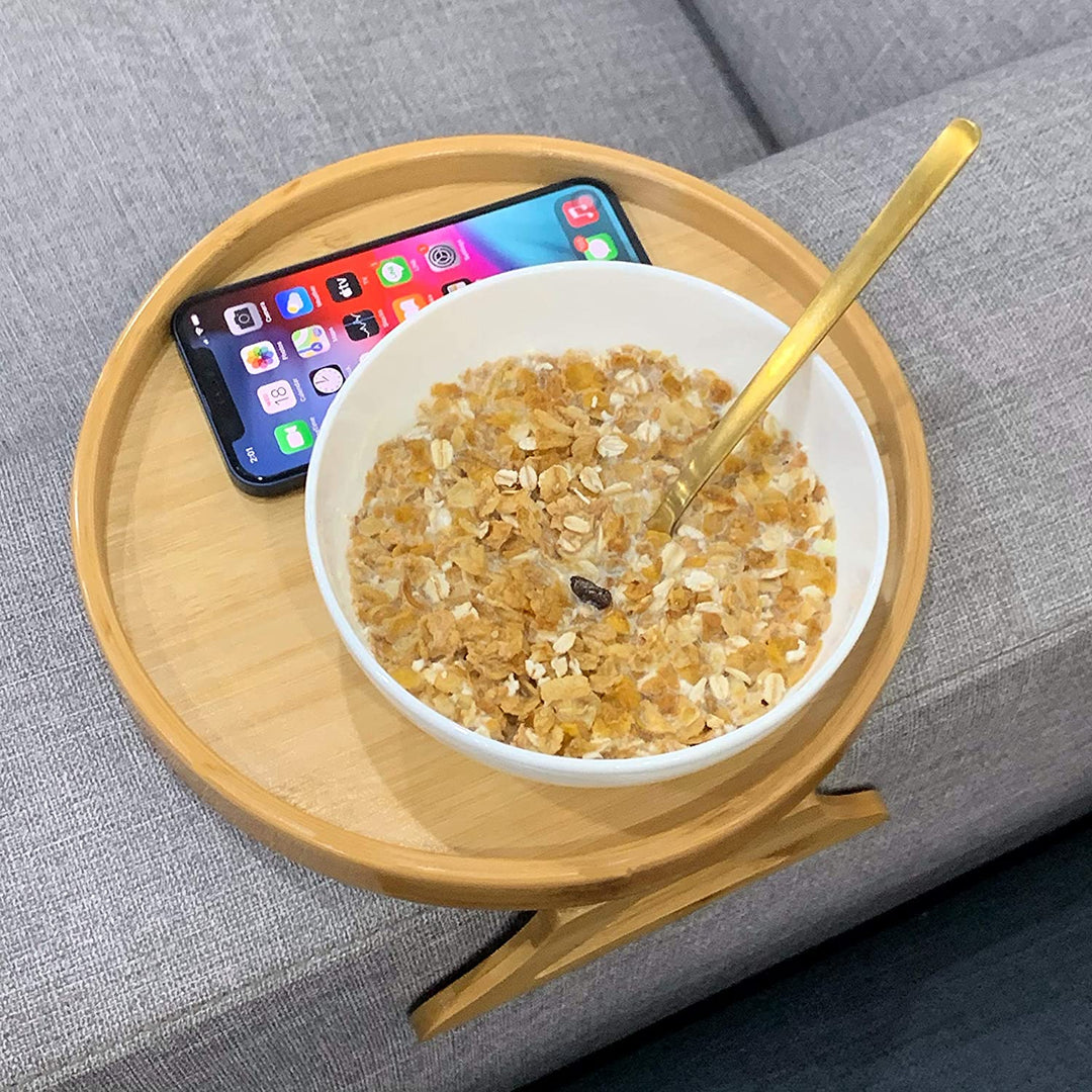 BowLift | Bamboo Sofa Armrest Clip-On Round Tray