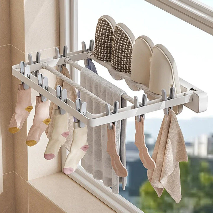 BowLift | DryFold Wall-Mounted Folding Clothes Drying Rack | Foldable & Space-Saving | With Wind-Resistant Clips | Plastic/Stainless Steel