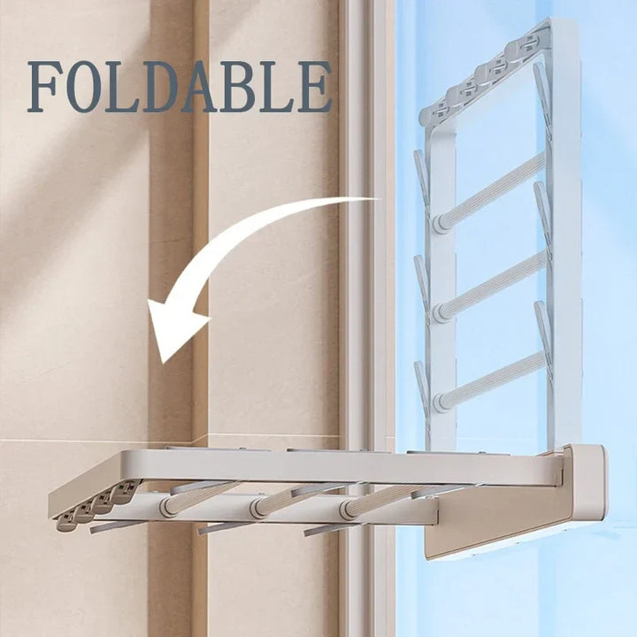 BowLift | DryFold Wall-Mounted Folding Clothes Drying Rack | Foldable & Space-Saving | With Wind-Resistant Clips | Plastic/Stainless Steel