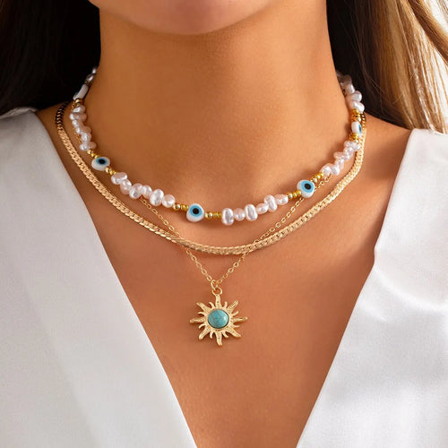 EthnoCharm Necklace Set – Sunflower & Evil Eye Accessories Bowlift