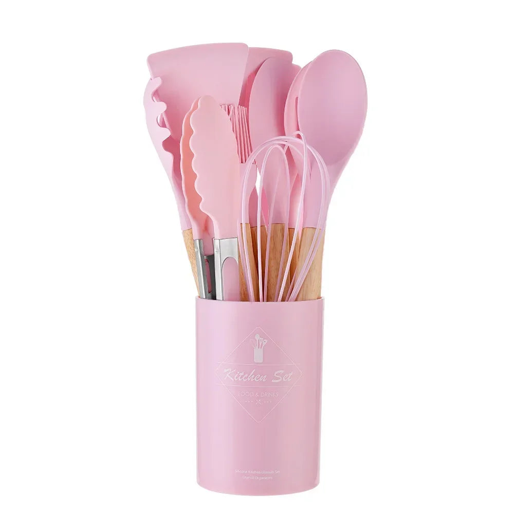 12-piece silicone cooking utensils set with wooden handles | Bowlift