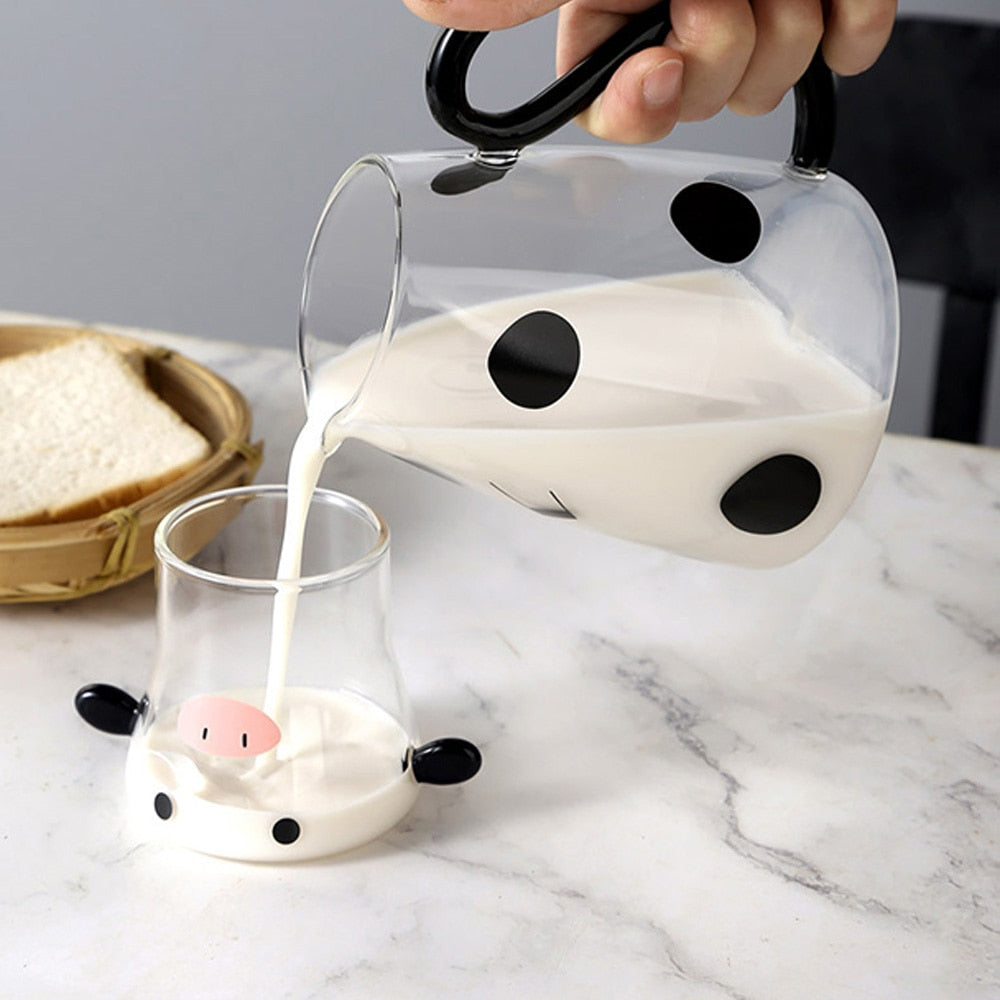 Cute cow glass jug with cup