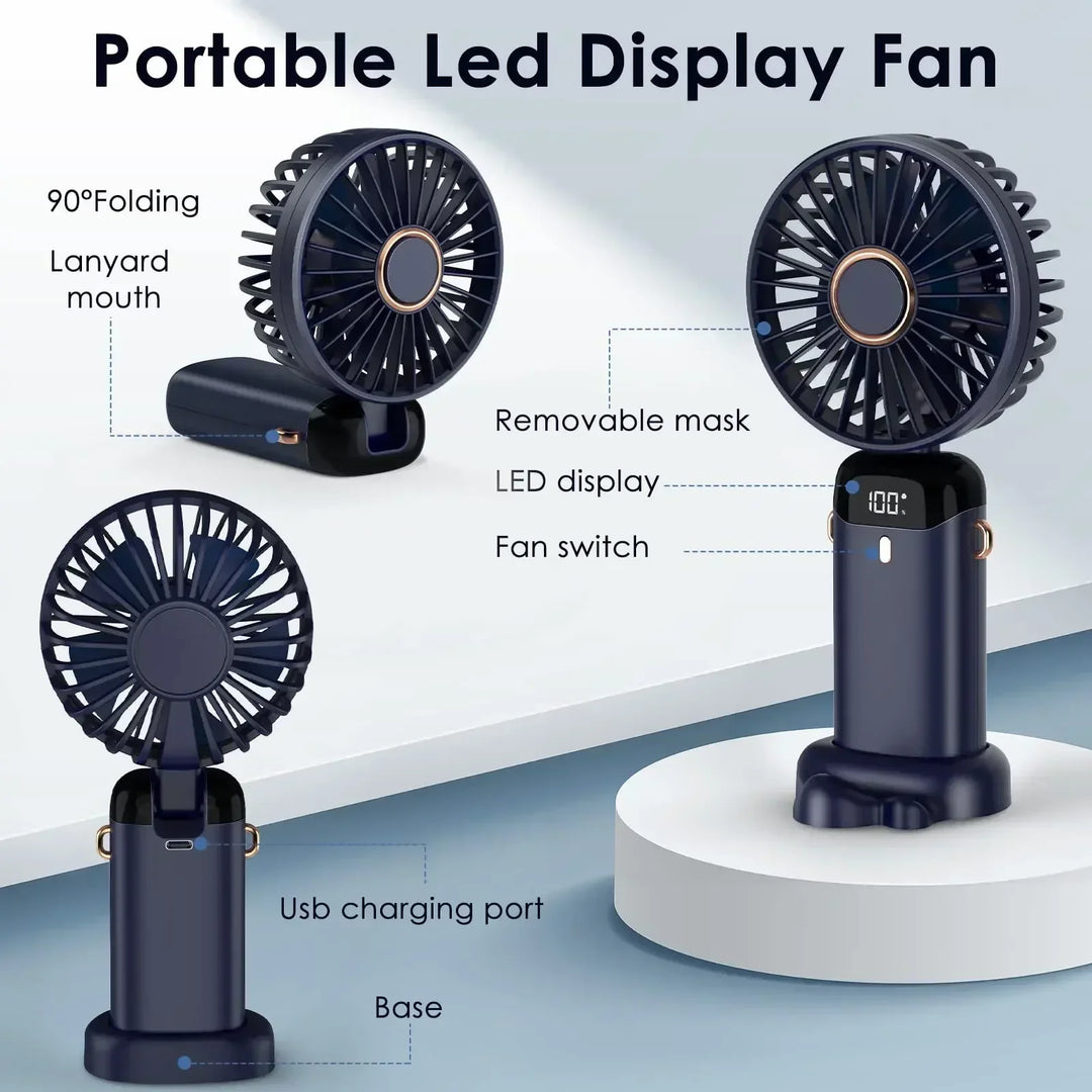 5000mAh Handheld Mini Fan – Wireless USB Rechargeable Portable Fan with Digital Display, Phone Holder, 5-Speed Foldable Neck Hanging Fan | Bowlift