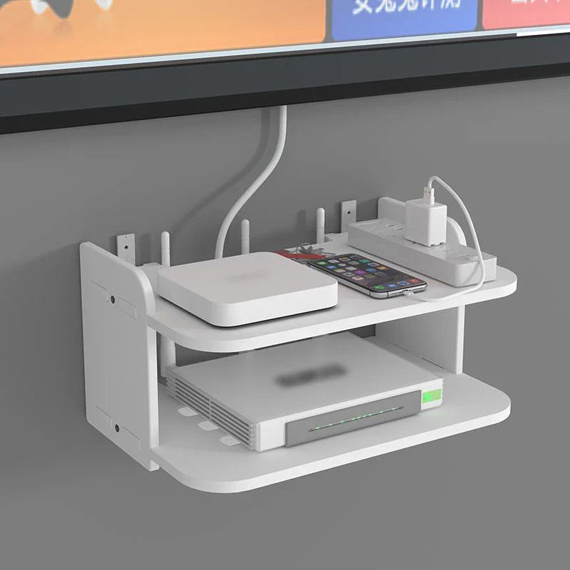 BowLift | SkyConnect Home | WLAN Router Wall Shelf | Hidden Cable Organizer & Socket Holder | Floating Shelf for TV Box & More | White | 40×12×8 cm