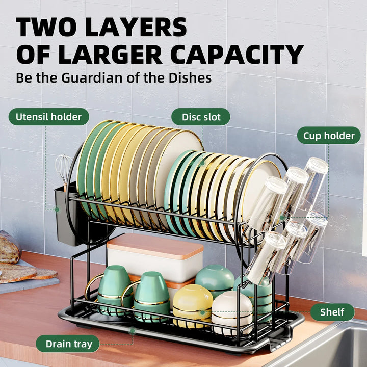 BowLift | 2-Tier Dish Drying Rack with Drainboard & Cutlery Holder – Aria