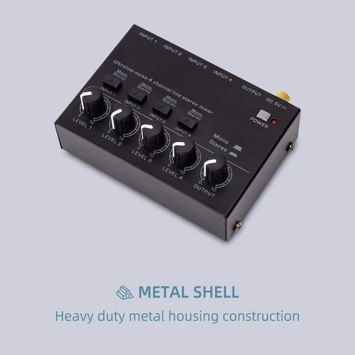 BowLift | Ultra-Compact 4-Channel Low Noise Audio Mixer with Stereo RCA Output