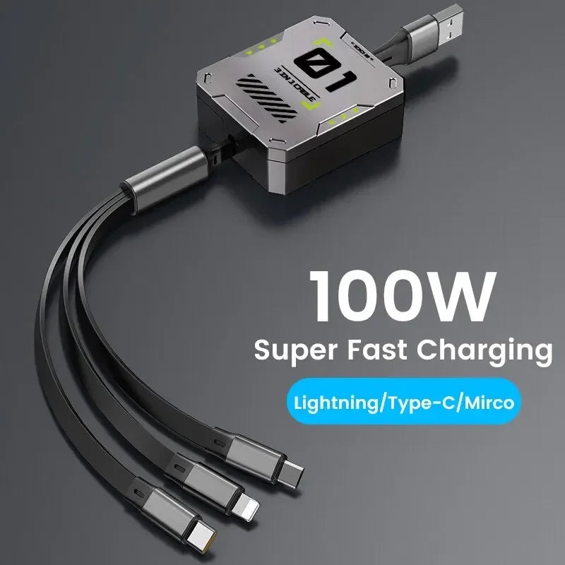 BowLift | 3-in-1 Charging Cable | Fast Charging 100W | Extendable & Universal | FlexiCharge for iPhone, Android & USB-C