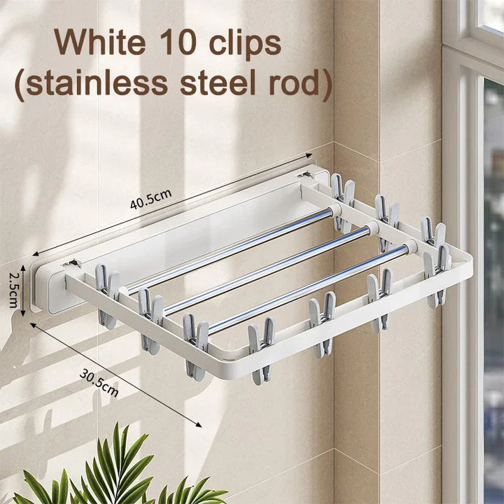 BowLift | DryFold Wall-Mounted Folding Clothes Drying Rack | Foldable & Space-Saving | With Wind-Resistant Clips | Plastic/Stainless Steel