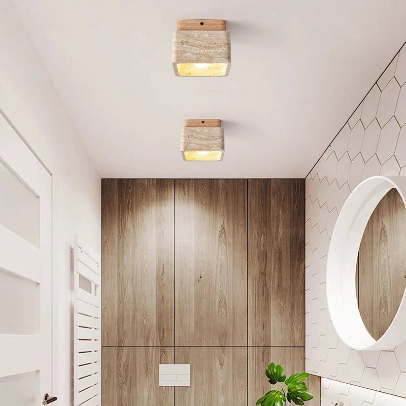 BowLift | Square Travertine & Wood LED Ceiling Lamp