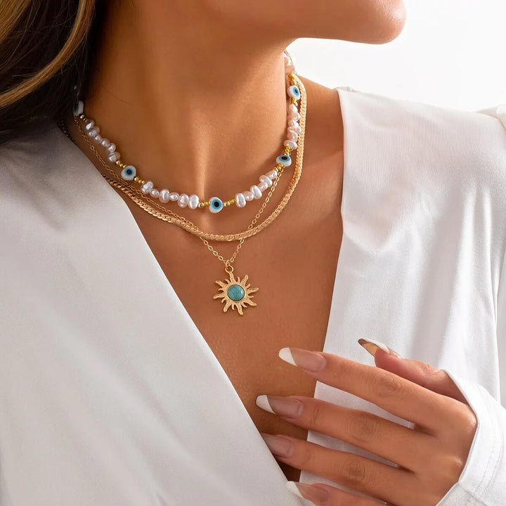 EthnoCharm Necklace Set – Sunflower & Evil Eye Accessories Bowlift