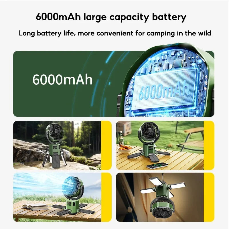 BowLift | Solar Camping Fan with 6000mAh Battery, LED Light & 4-Speed Cooling – SunBreeze