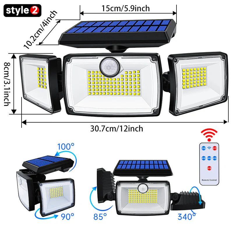BowLift | SecuSolar MaxView 167 Solar Security Spotlight 167 LEDs | 3 Adjustable Heads | Motion Sensor & 3 Light Modes | IP65 Waterproof | 2200 Lumens