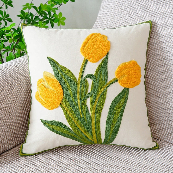 Embroidered tulip cushion cover