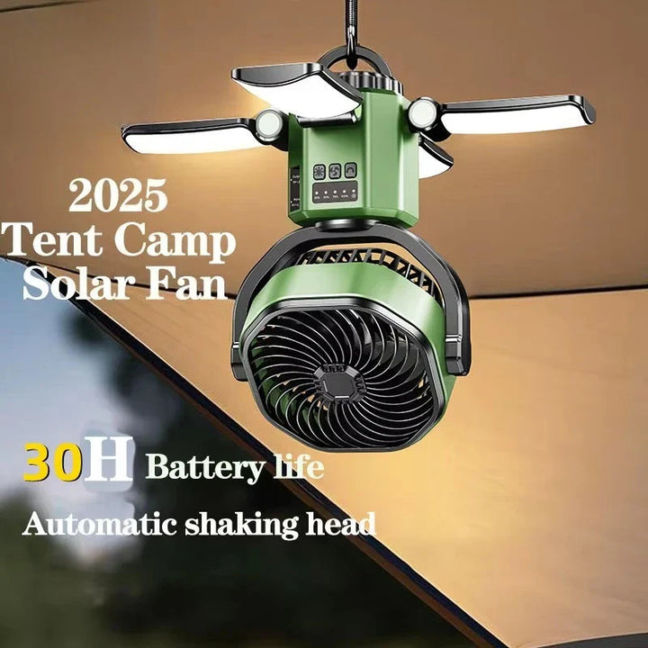 BowLift | Solar Camping Fan with 6000mAh Battery, LED Light & 4-Speed Cooling – SunBreeze