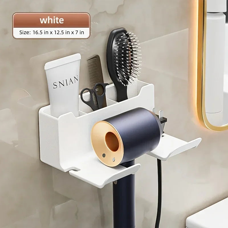 Multifunctional hair dryer holder – wall mounted | no drilling | with plug storage | ABS plastic Bowlift